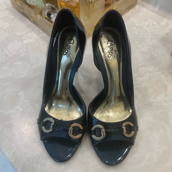 Carlos Navy Peep Toe Pumps with Gold Bit Details, Size 8 - Picture 9 of 12